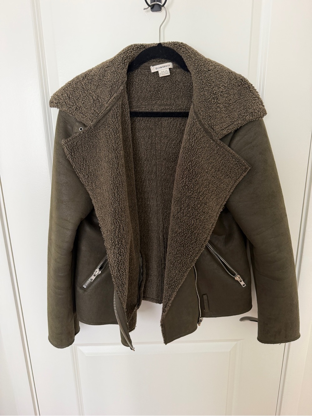 Glamorous Olive Green Shearling Moto Jacket